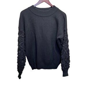AMARYLLIS Black Floral Wool Blend Crew Neck  Sweater Size Medium